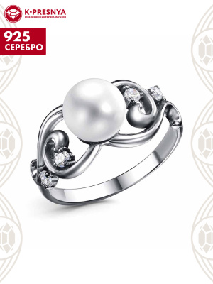 Кольцо серебро 925 пробы, покрытие - оксидирование, вставка - культивированный жемчуг, фианит (недрагоценный камень)