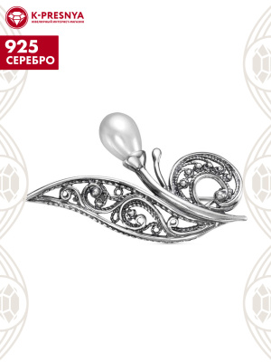 Брошь серебро 925 пробы, покрытие - оксидирование, вставка - имитация жемчуга