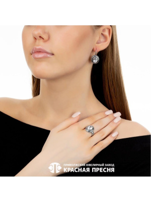 Серьги серебро 925 пробы, покрытие - оксидирование, вставка - фианит (недрагоценный камень)