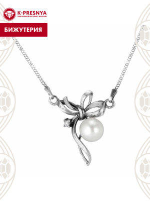 Колье бижутерия, покрытие - серебрение с оксидированием, вставка - культивированный жемчуг, фианит (недрагоценный камень)