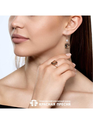 Серьги серебро 925 пробы, покрытие - золочение, вставка - стекло ювелирное собственной огранки, фианит (недрагоценный камень)