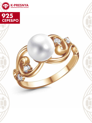 Кольцо серебро 925 пробы, покрытие - золочение, вставка - культивированный жемчуг, фианит (недрагоценный камень)