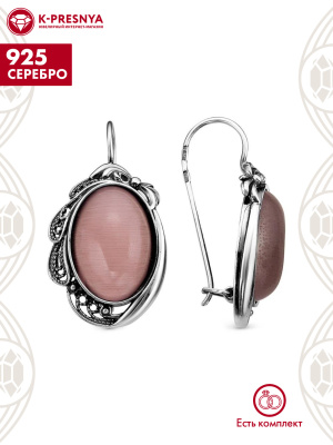 Серьги серебро 925 пробы, покрытие - оксидирование, вставка - искусственный кошачий глаз