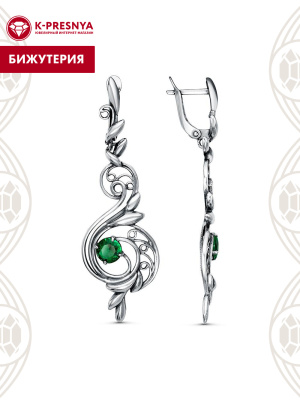 Серьги бижутерия, покрытие - серебрение с оксидированием, вставка - искусственная шпинель