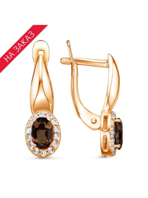 Серьги серебро 925 пробы, покрытие - золочение, выборочное родирование, вставка - дымчатый кварц, фианит (недрагоценный камень)