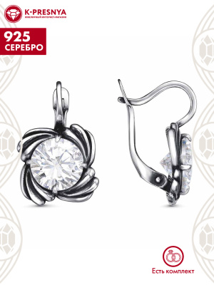 Серьги серебро 925 пробы, покрытие - оксидирование, вставка - фианит (недрагоценный камень)