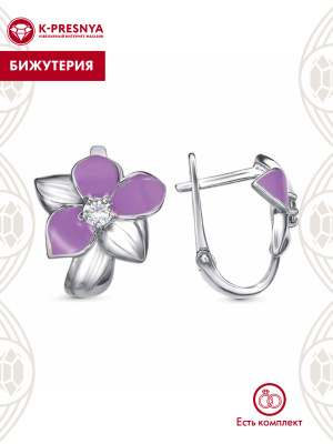 Серьги бижутерия, покрытие - платинирование, отделка - эмаль, вставка - фианит (недрагоценный камень)