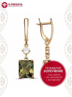 Серьги серебро 925 пробы, покрытие - золочение, вставка - стекло ювелирное собственной огранки, фианит (недрагоценный камень)