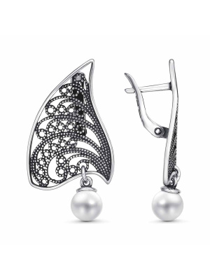 Серьги серебро 925 пробы, покрытие - оксидирование, вставка - имитация жемчуга