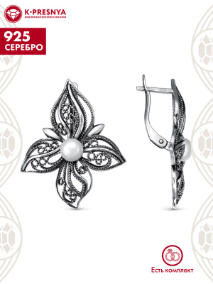 Серьги серебро 925 пробы, покрытие - оксидирование, вставка - культивированный жемчуг