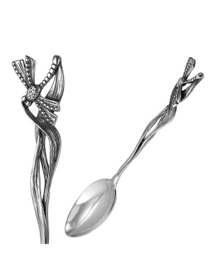 Ложка чайная "стрекоза" бижутерия, покрытие - серебрение с оксидированием, без вставок
