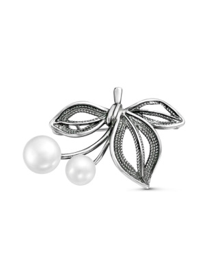 Брошь серебро 925 пробы, покрытие - оксидирование, вставка - культивированный жемчуг