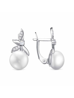 Серьги бижутерия, покрытие - серебрение, вставка - культивированный жемчуг, фианит (недрагоценный камень)