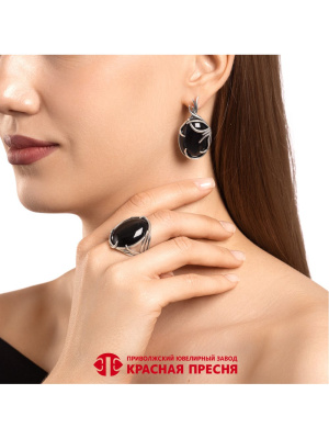 Серьги серебро 925 пробы, покрытие - оксидирование, вставка - агат черный (искусственный)