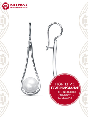 Серьги серебро 925 пробы, покрытие - платинирование, вставка - имитация жемчуга