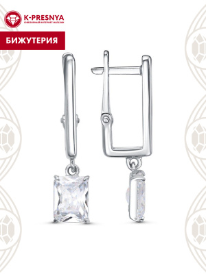 Серьги бижутерия, покрытие - платинирование, вставка - фианит (недрагоценный камень)