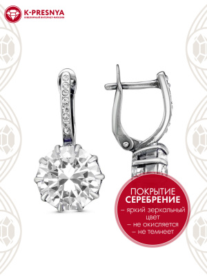 Серьги бижутерия, покрытие - серебрение с оксидированием, вставка - стекло ювелирное preciosa, фианит (недрагоценный камень)