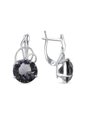 Серьги серебро 925 пробы, покрытие - родирование, вставка - искусственный дымчатый кварц