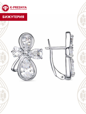 Серьги бижутерия, покрытие - платинирование, вставка - фианит (недрагоценный камень)