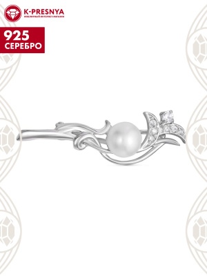 Брошь серебро 925 пробы, покрытие - родирование, вставка - культивированный жемчуг, фианит (недрагоценный камень)