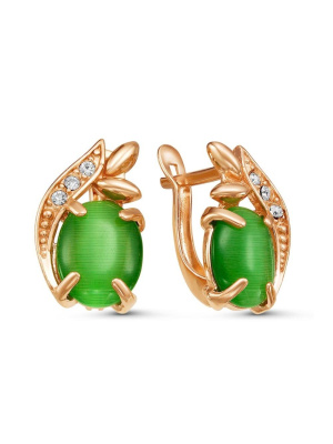 Серьги бижутерия, покрытие - золочение, вставка - искусственный кошачий глаз , стекло ювелирное preciosa