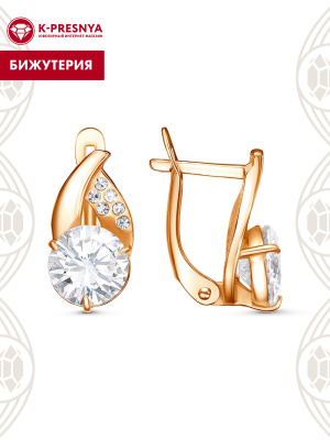 Серьги бижутерия, покрытие - золочение, вставка - стекло ювелирное preciosa, фианит (недрагоценный камень)