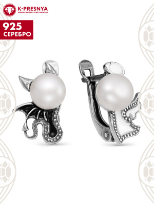 Серьги серебро 925 пробы, покрытие - оксидирование, отделка - эмаль, вставка - культивированный жемчуг