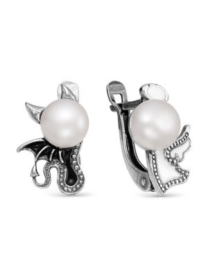 Серьги бижутерия, покрытие - серебрение с оксидированием, отделка - эмаль, вставка - культивированный жемчуг