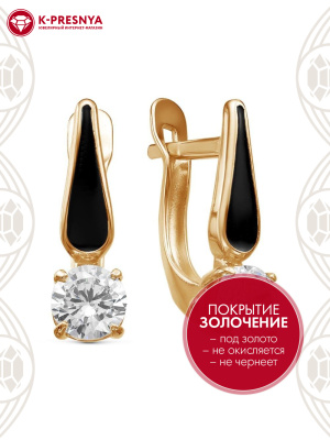 Серьги бижутерия, покрытие - золочение, отделка - эмаль, вставка - фианит (недрагоценный камень)