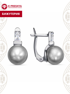 Серьги бижутерия, покрытие - платинирование, вставка - имитация жемчуга, фианит (недрагоценный камень)