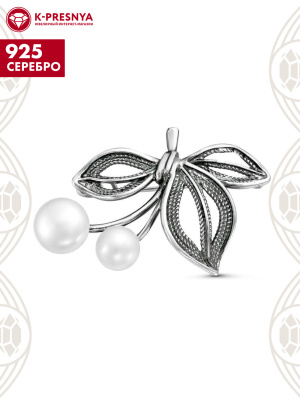 Брошь серебро 925 пробы, покрытие - оксидирование, вставка - культивированный жемчуг