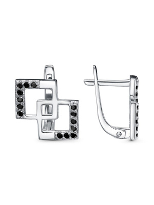 Серьги серебро 925 пробы, покрытие - родирование, выборочное черное родирование, вставка - фианит (недрагоценный камень)