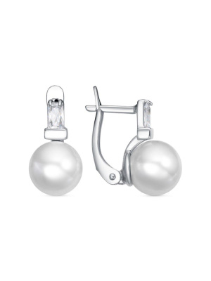 Серьги серебро 925 пробы, покрытие - родирование, вставка - имитация жемчуга, фианит (недрагоценный камень)