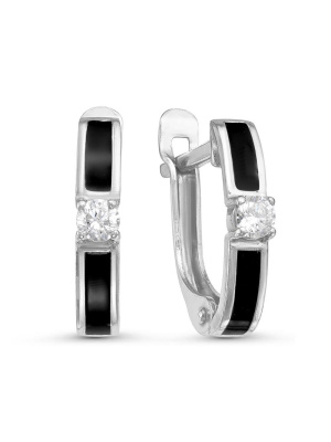 Серьги серебро 925 пробы, покрытие - родирование, отделка - эмаль, вставка - фианит (недрагоценный камень)