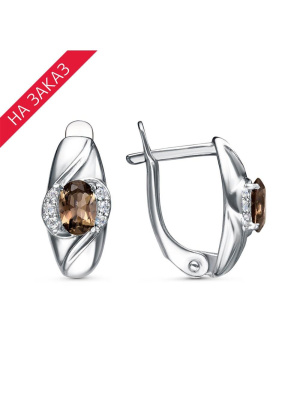 Серьги серебро 925 пробы, покрытие - родирование, вставка - дымчатый кварц, фианит (недрагоценный камень)