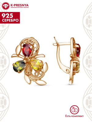 Серьги серебро 925 пробы, покрытие - золочение, вставка - фианит (недрагоценный камень)