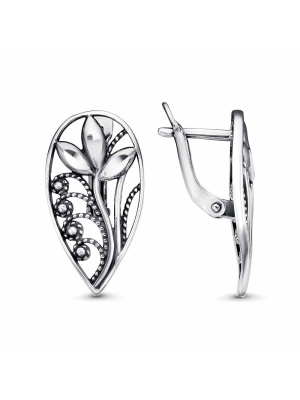 Серьги бижутерия, покрытие - серебрение с оксидированием, отделка - алмазная грань, без вставок