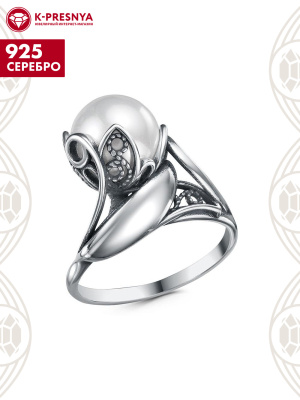 Кольцо серебро 925 пробы, покрытие - оксидирование, вставка - имитация жемчуга