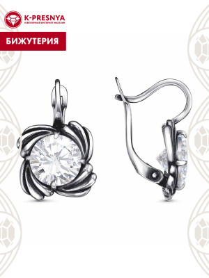 Серьги бижутерия, покрытие - серебрение с оксидированием, вставка - фианит (недрагоценный камень)