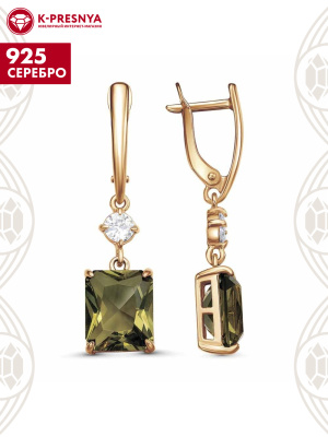 Серьги серебро 925 пробы, покрытие - золочение, вставка - стекло ювелирное собственной огранки, фианит (недрагоценный камень)