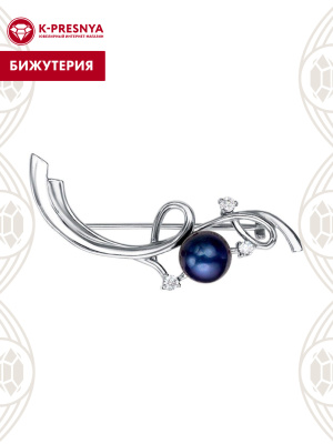 Брошь бижутерия, покрытие - платинирование, вставка - культивированный жемчуг, фианит (недрагоценный камень)