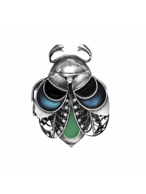 Брошь бижутерия, покрытие - серебрение с оксидированием, отделка - эмаль, вставка - стекло ювелирное preciosa
