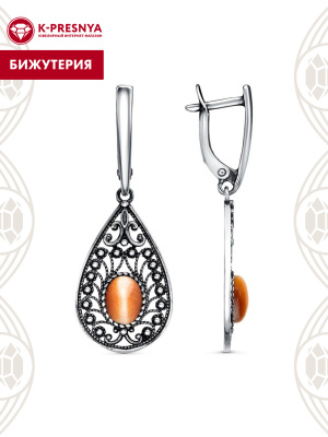 Серьги бижутерия, покрытие - серебрение с оксидированием, вставка - искусственный кошачий глаз