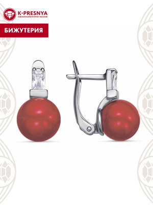 Серьги бижутерия, покрытие - платинирование, вставка - имитация жемчуга, фианит (недрагоценный камень)