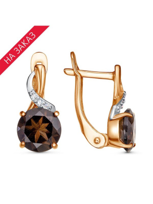 Серьги серебро 925 пробы, покрытие - золочение, выборочное родирование, вставка - дымчатый кварц, фианит (недрагоценный камень)