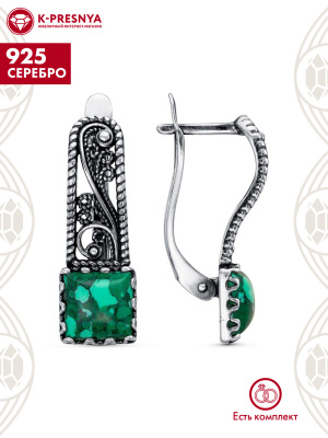 Серьги серебро 925 пробы, покрытие - оксидирование, вставка - искусственный малахит