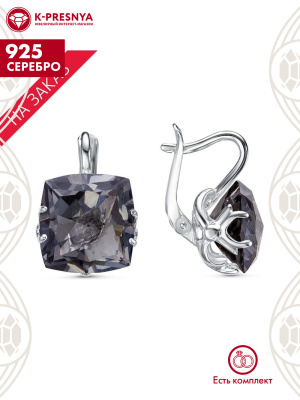 Серьги серебро 925 пробы, покрытие - родирование, вставка - искусственный дымчатый кварц