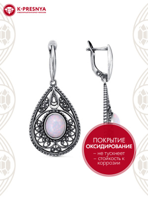 Серьги серебро 925 пробы, покрытие - оксидирование, вставка - опал белый синтетический