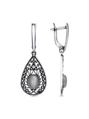 Серьги бижутерия, покрытие - серебрение с оксидированием, вставка - искусственный кошачий глаз