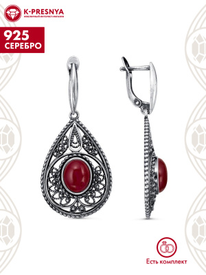 Серьги серебро 925 пробы, покрытие - оксидирование, вставка - искусственный коралл